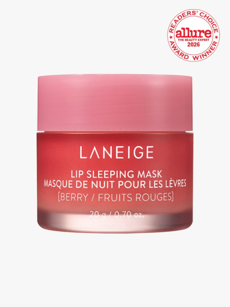Pink container of Laniege Lip Sleeping Mask on white background