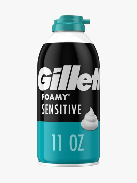 Gillette Foamy Sensitive Shave Foam in branded component on a light gray background